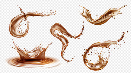 Wall Mural - splashes of coffee, tea or cola isolated on transparent background. vector realistic set of liquid w