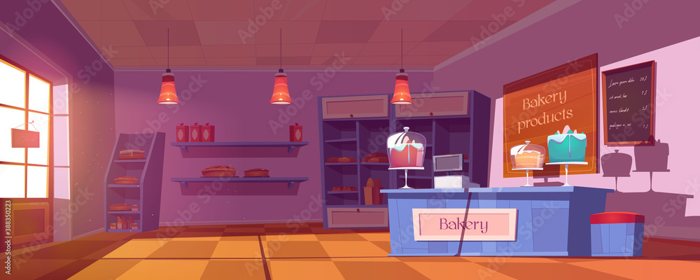 Bakery shop interior with cakes, bread and pastry on showcase and ...