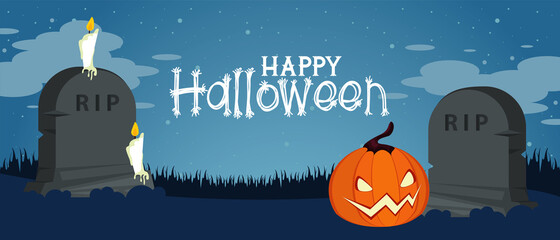 Poster - happy halloween celebration card with pumpkin in cemetery