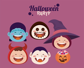 Poster - happy halloween party with little monsters head characters