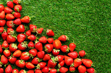 red fresh strawberries on green grass, close view