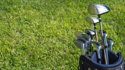 Wall Mural - Golf sticks on green grass golf course, close up view.