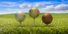 Golf Winners Podium, Golfballs On Tees, Green Lawn Grass, Blue Sky Background. 3d Illustartion