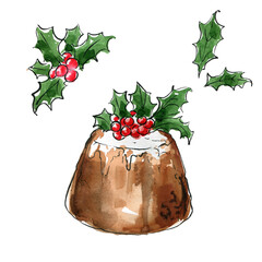 Christmas pudding. The decor. Holly. Sketch watercolor and line ink on a white background.