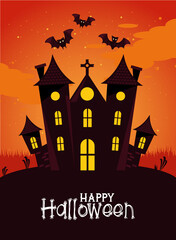 Wall Mural - happy halloween celebration card with haunted castle and bats