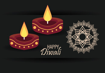 Wall Mural - happy diwali celebration with two candles wooden and mandala