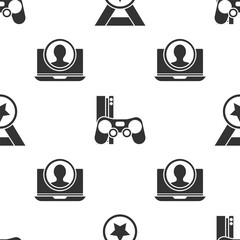 Poster - Set Medal, Game console with joystick and Create account screen on seamless pattern. Vector.