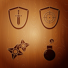 Wall Mural - Set Bomb ready to explode, Medieval shield with sword, Japanese ninja shuriken and Target sport on wooden background. Vector.