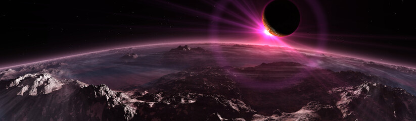 Wall Mural - Alien landscape view from low orbit, star rise, view from Phobos to Mars at sunset