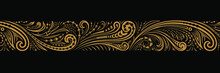 Vintage Ornate Seamless Border Pattern. Russian Traditional Folk Style. Golden Ornament Of Curls And Spirals On Black Background