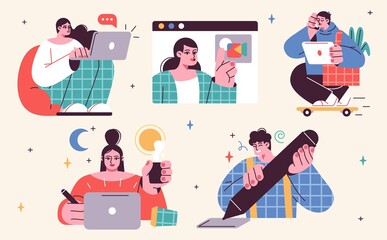 Wall Mural - set of illustrations about remote work and freelance. freelancers at work and working distantly conc
