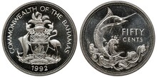 The Bahamas Coin 50 Fifty Cents 1992, Arms, Shield With Supporters, Blue Marlin, Value And Date, 