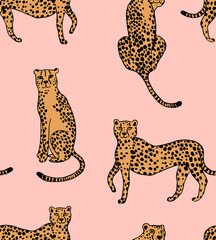 Seamless repeat pattern with hand drawn doodle sketched cheetah or leopard in different poses, half drop on a soft pink blush background