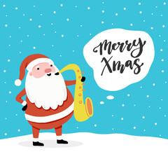 Wall Mural - Christmas greeting card design with cartoon Santa Claus character, hand drawn design elements, lettering qoute Merry Xmas.