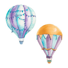 Watercolor Illustration Set Of Hot Air Ballons. Hand Painted Objects Isolated On White Background. Baby Retro Clip Art