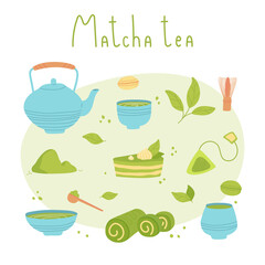 Wall Mural - Set of various tea products made from matcha. Matcha powder, whisk, macarons, cake, bamboo spoon, teapot, drink, sweets, tea. Hand drawn vector set with lettering. Colored trendy illustration