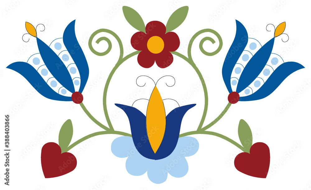 Polish Folk Art Fabric - Kaszuby Flowers Microfiber 1 Yard Blue Red