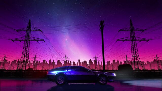 Wall Mural - 80s retro country drive seamless loop with vintage car. Stylized rural landscape in outrun VJ style, night sky and a city. Vaporwave 3D animation background for music video, DJ set, clubs, EDM music