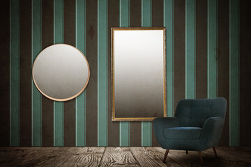 Armchair near wall with mirrors and patterned wallpaper. Stylish room interior