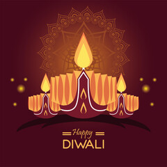 Sticker - happy diwali celebration with three candles wooden