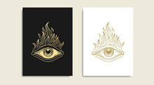 All Seeing Eye With Fire, Symbol Of The Masons, Fire And  Gold Logo, Spiritual Guidance Tarot Reader Design. Engraving, Decorative Illustration Tattoo