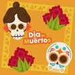 dia de los muertos poster with katrina and head skulls and flowers