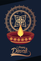 Sticker - happy diwali celebration with candle wooden and mandala