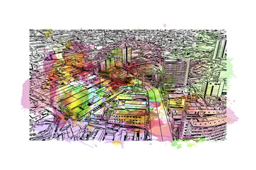 Building view with landmark of Campina Grande is the second most populous city in Brazil. Watercolor splash with hand drawn sketch illustration in vector.