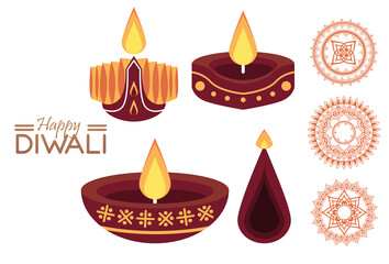 Sticker - happy diwali celebration with three candles wooden