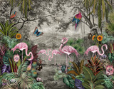 Fototapeta Las - wallpaper jungle and tropical forest banana palm and tropical birds, old drawing