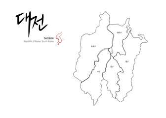 Wall Mural - Daejeon Map. Map by Administrative Region of Korea and Calligraphy by Geographical Names.