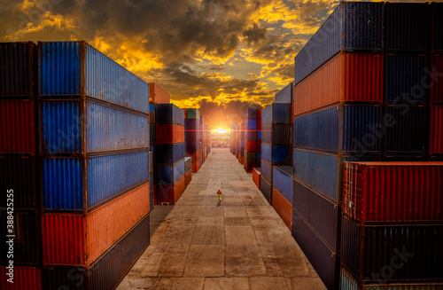 Fotomural Dock worker logistics under checking containers cargo shipping warehouse , loading for business logistic import and export freight transportation with sun sky background