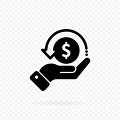 Wall Mural - Cashback icon, logo. Hand hold coin. Money, dollar coin icon in black. Finance sign. Business icon. Money sign. Invest finance. Vector EPS 10