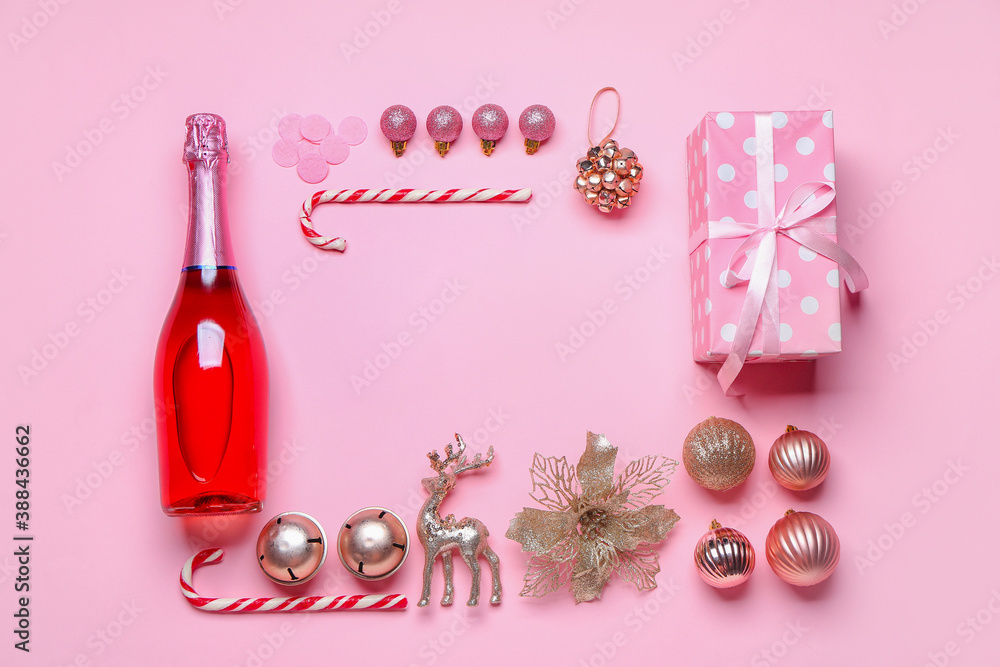 Christmas composition with bottle of champagne on color background