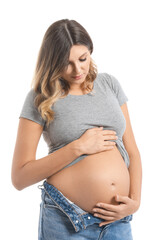 Wall Mural - Beautiful pregnant woman on white background