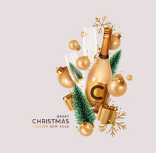 Merry Christmas And Happy New Year. Xmas Festive Background With Realistic 3d Objects Champagne Bottle, Gift Boxes, Bauble Balls, Green Christmas Tree. Levitation Falling Design Composition.