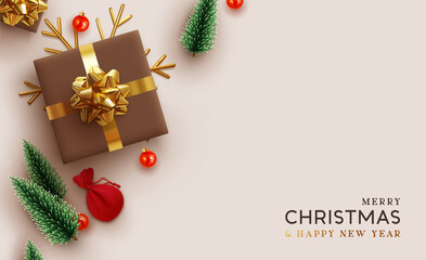 Wall Mural - christmas background. realistic design with 3d xmas decoration objects, gift box, fir green trees, b