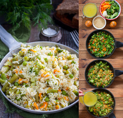 Collage of step by step photos of cooking white rice dish with frozen vegetables on chicken broth, selective focus