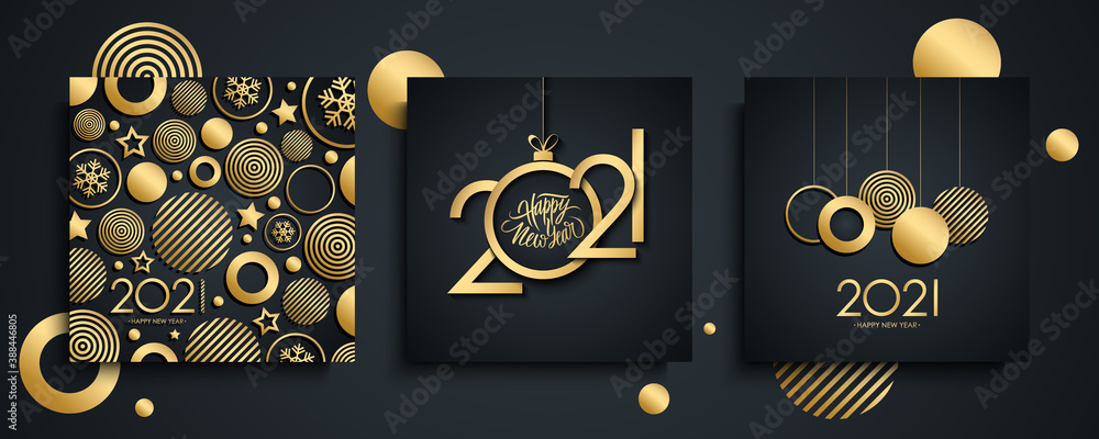2021 Happy New Year luxury greeting cards set. New Year holiday invitations templates collection with hand drawn lettering and gold christmas balls. Vector illustration. - obrazy, fototapety, plakaty 