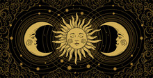 Mystical Banner For Astrology, Tarot, Boho Design. Universe Art, Golden Crescent And Sun On A Black Background With Clouds. Esoteric Vector Illustration, Engraving.