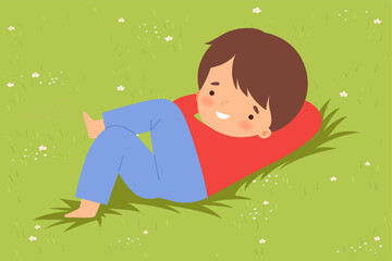 Sticker - Cute Boy Lying Down on Green Lawn, Kid Lying on Grass Dreamily Looking into Sky Cartoon Vector Illustration