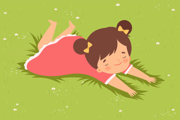 Sticker - Lovely Girl Lying Down on Green Lawn on her Stomach, Cute Kid Having Fun Outdoors Cartoon Vector Illustration