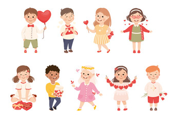 Sticker - Cute Happy Children with Romance Feelings Symbols Set, Adorable Kids with Hearts, Happy Valentines Day Concept Cartoon Vector Illustration