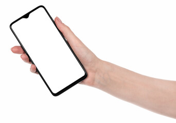woman hand holding the black new smartphone with blank screen isolated white background. hands using