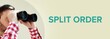 Split Order. Man observing with binoculars. Turquoise Text/word on beige background. Panorama