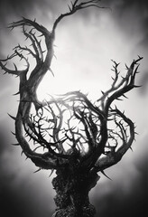 Wall Mural - bw mystic dark tree with thorns in fog