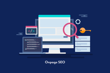 Onpage seo optimization, seo coding and development, seo meta data programming concept. Web banner template.