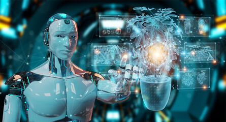 Aufkleber - Robot holding and touching holographic projection of a plant with digital analysis 3D rendering