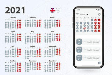 Calendar app for Cell phone, vector calendar 2021 week stars from Monday.