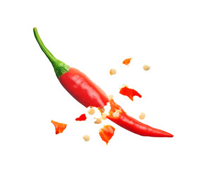 Wall Mural - Chili seed burst out from red chili pepper isolated on white background